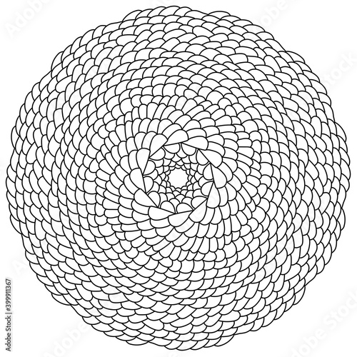 Zen contour mandala of many scales, antistress coloring page with round shape and arched elements