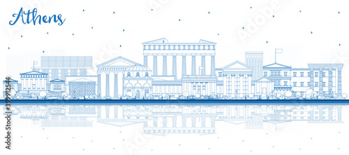 Outline Athens Greece City Skyline with Blue Buildings and Reflections.
