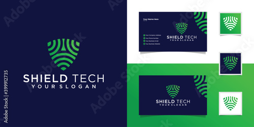 tech shield security logo design template and business card
