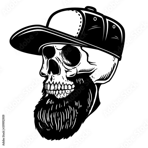 Illustration of bearded skull in baseball cap. Design element for logo, label, sign, poster. Vector illustration