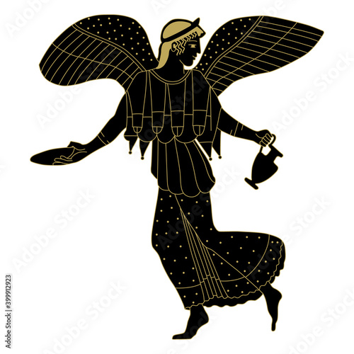 Winged ancient Greek goddess of victory Nike holding vessel and cup. Vase painting style. Monochrome black and gold silhouette.	