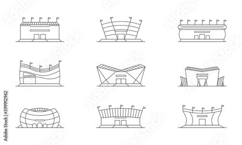 Vector set of linear isolated icons of arenas, stadiums. Minimalistic in a flat style. Design template for sites, applications, design.