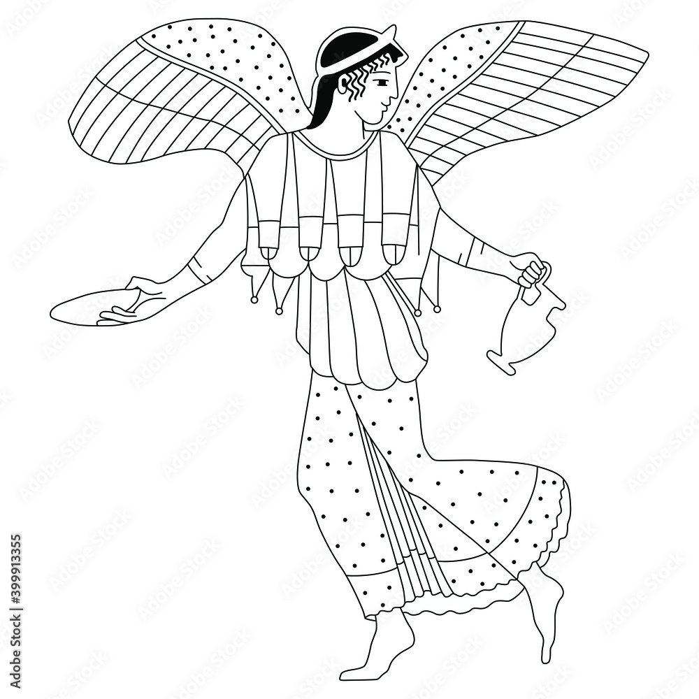 Winged ancient Greek goddess of victory Nike holding vessel and cup ...