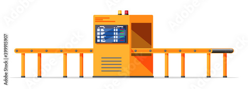 Empty conveyor belt machine isolated on white. Modern factory equipment. Part of warehouse or airport service. Package X-ray baggage. Security, logistic and delivery. Cartoon flat vector illustration