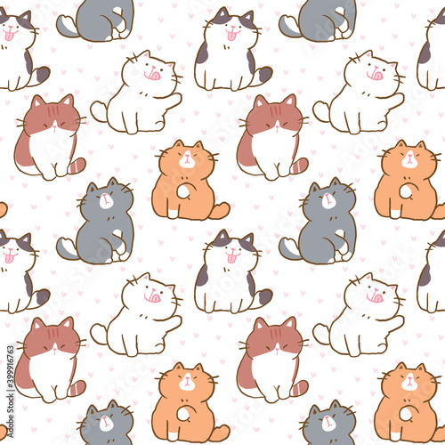 Fototapeta Naklejka Na Ścianę i Meble -  Seamless Pattern with Cute Cartoon Cat Illustration Design on White Background with Pink Hearts