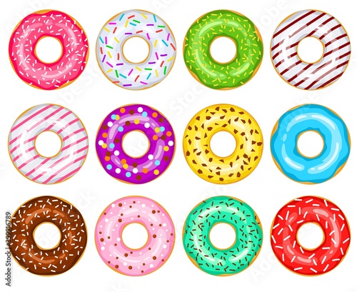 Donuts vector big set. Green, white, red, chocolate, pink, yellow, green, blue, purple, mint donuts are decorated with sweet sprinkles. Cartoon sweets. Bright donuts illustration isolated on white.
