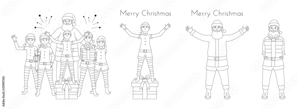 Santa Claus and elves set of cartoon outline vector illustrations. Santa Claus and elves set of cartoon outline vector illustrations.