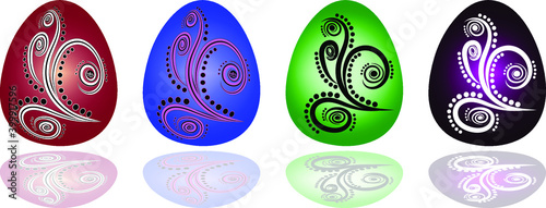multicolored Easter eggs with openwork pattern, vector illustration isolated on a white background.