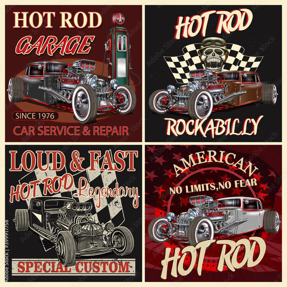 Set of vintage Hot Rod metal signs,t-shirt print. - obrazy, fototapety, plakaty 