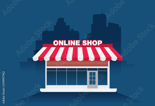 Online store. Sale, Laptop with awning isolated on color background