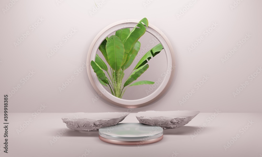 Stones Podium pink pastel for packaging presentation and cosmetic, banana leaves in the circular window on wall. Product display with warm plaster texture. realistic rendering. 3d illustration Stones Podium pink pastel for packaging presentation and cosmetic, banana leaves in the circular window on wall. Product display with warm plaster texture. realistic rendering. 3d illustration