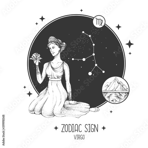 Modern magic witchcraft card with astrology Virgo zodiac sign. Realistic hand drawing woman head. Zodiac characteristic
