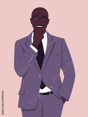 Portrait of a happy African man wearing in a business suit. Office professions. Vector flat illustration.