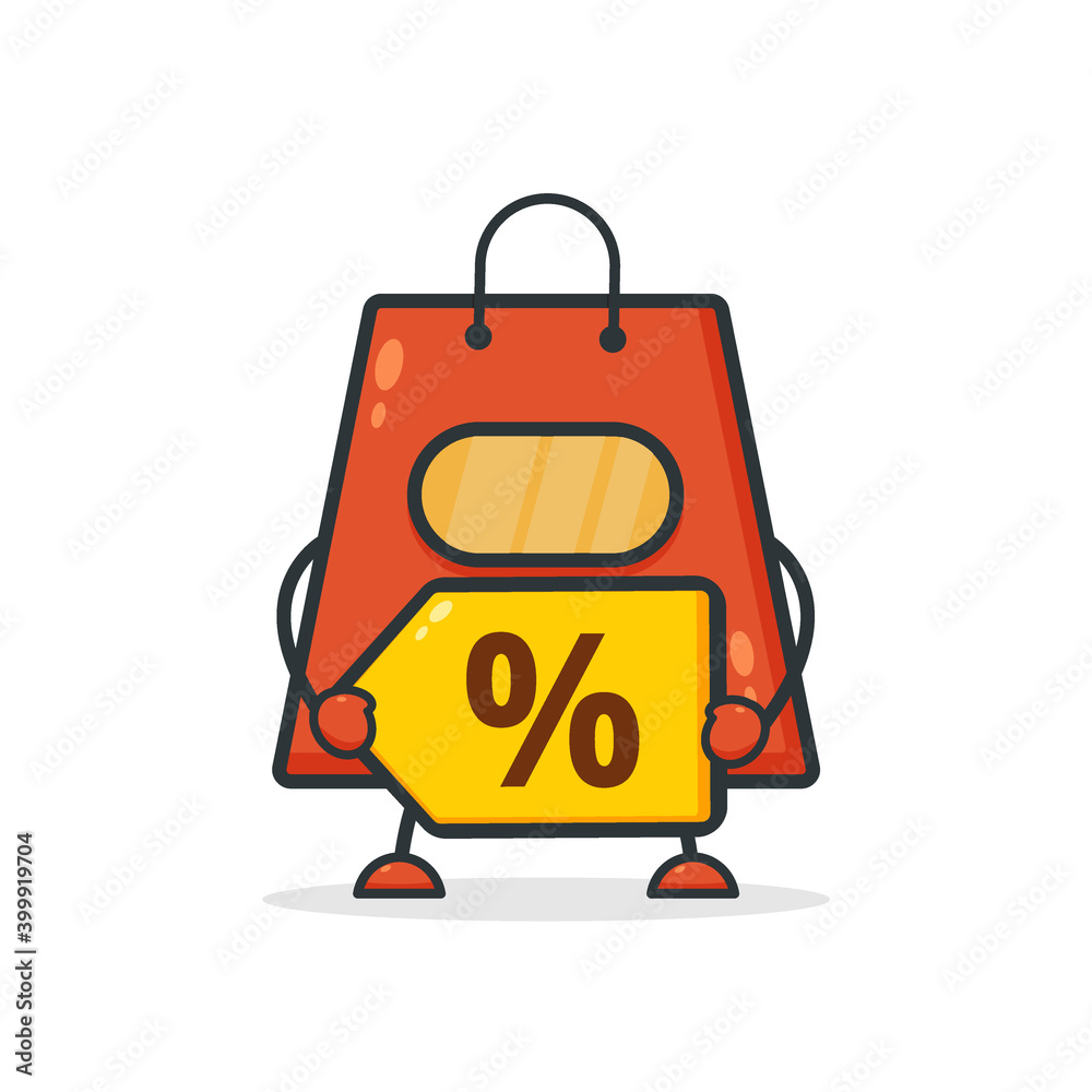 Cute shopping bag. Illustration vector graphic shop bag cartoon character  with price tag. Perfect for Ecommerce, Symbol of promotion sale, store web element. Illustration E-commerce Shopping Symbols.
