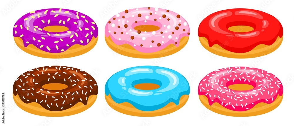 Donuts side view vector set. Red, chocolate, pink, blue, purple donuts are decorated with sweet sprinkles. Cartoon sweets. Bright donuts illustration isolated on white. Donuts side view vector set. Red, chocolate, pink, blue, purple donuts are decorated with sweet sprinkles. Cartoon sweets. Bright donuts illustration isolated on white.
