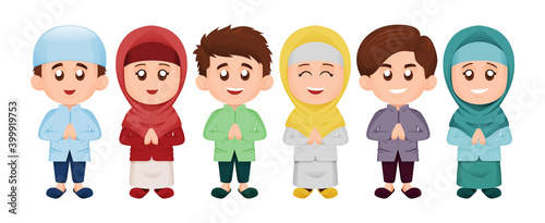 Set of Simple Cute Muslim or Moslem Kids Boy and Girl Smile in Colorful Theme Concept