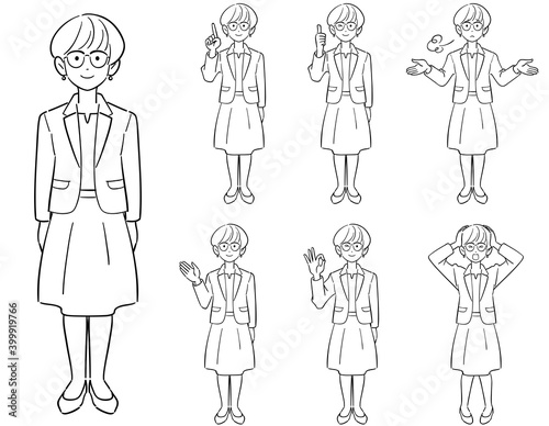 眼鏡をかけたビジネスウーマンのポーズ　7種類のセット　線画
