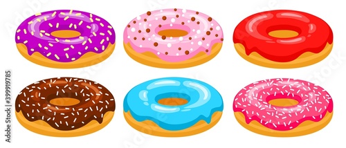 Donuts side view vector set. Red, chocolate, pink, blue, purple donuts are decorated with sweet sprinkles. Cartoon sweets. Bright donuts illustration isolated on white.