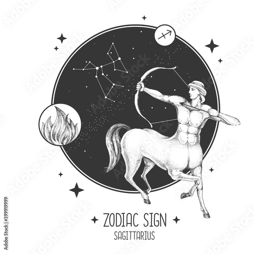 Modern magic witchcraft card with astrology Sagittarius zodiac sign. Realistic hand drawing centaur with Bow and arrow. Zodiac characteristic