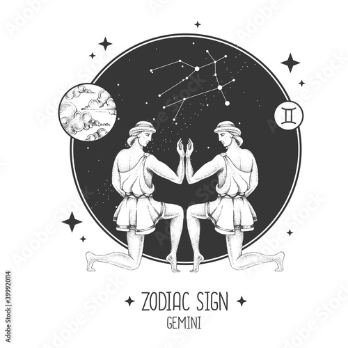 Modern magic witchcraft card with astrology Gemini zodiac sign. Realistic hand drawing men figure illustration. Zodiac characteristic