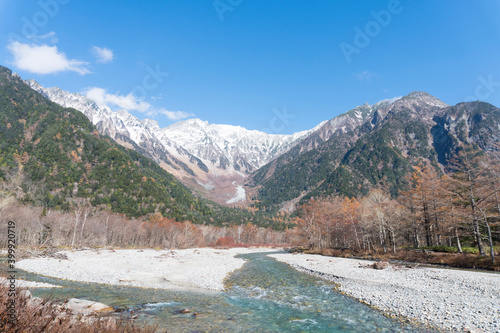 Kamikochi high mountain valley located in the Hida Mountains.Azusa River beautiful landscape National Parks in Nagano Japan