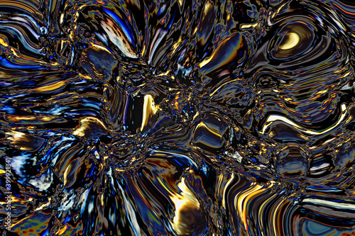Ojos de cristal y fuego. Fondo abstracto multicolor con textura de cristal en tonos azulados y dorados y color negro. Fondo de pantalla de fantasía. (ID: 399921341)
