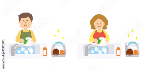 皿洗いをするエプロン姿の人物のイラスト