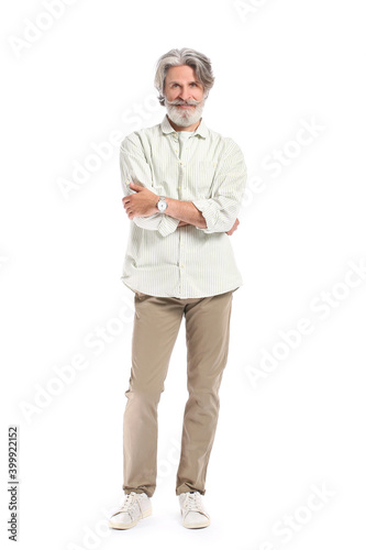 Portrait of mature man with grey hair on white background