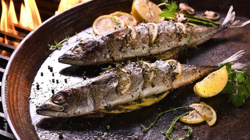 Grilled fish and various vegetables in iron plate Grilled fish and various vegetables in iron plate