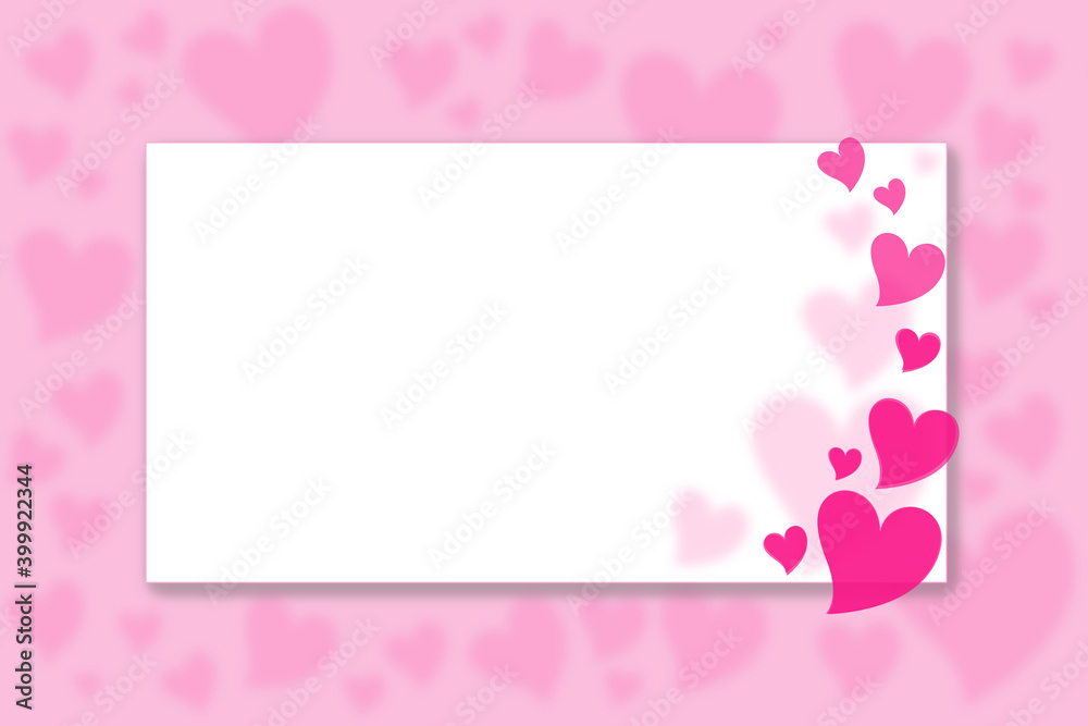 Pink background with blurred hearts and hearts on a white background. Greeting cards, invitations