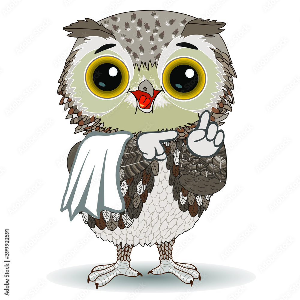 emoji with ow waiter asking a client to stand by, eagle-owl that is raising his index finger in a Just a moment gesture to ask people to wait a minute for him to be right back - obrazy, fototapety, plakaty 