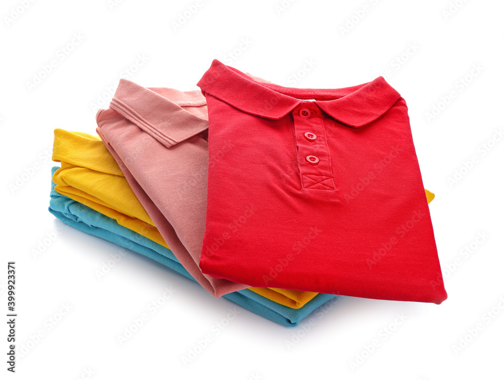 Stack of male shirts on white background