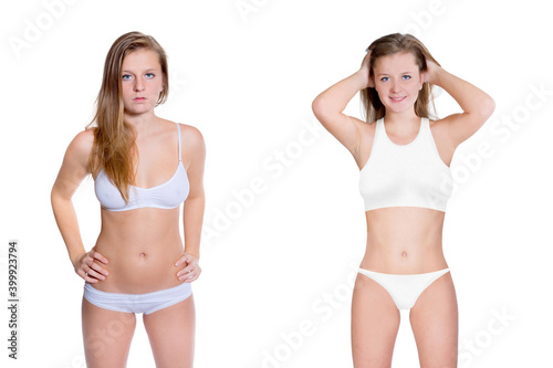 Closeup portraits of a slim young women wearing underwear and swimwear, isolated on white studio background