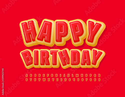 Vector tasty greeting card Happy Birthday. Red Glazed Font. Sweet Alphabet Letters and Numbers set