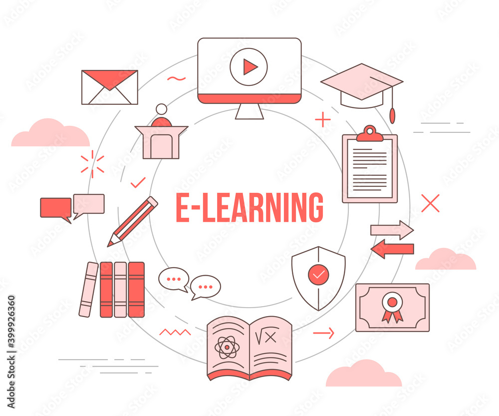 e-learning concept video tutorial cap book certificate with icon set ...