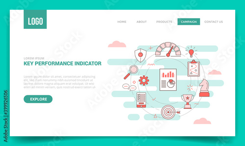key performance indicator concept speedometer chart chess strategy plan target with circle icon for website template or landing page banner homepage with outline style
