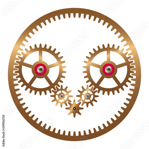 Large cogwheel with internal teeth and five clock gears. Vector illustration isolated on white background.
