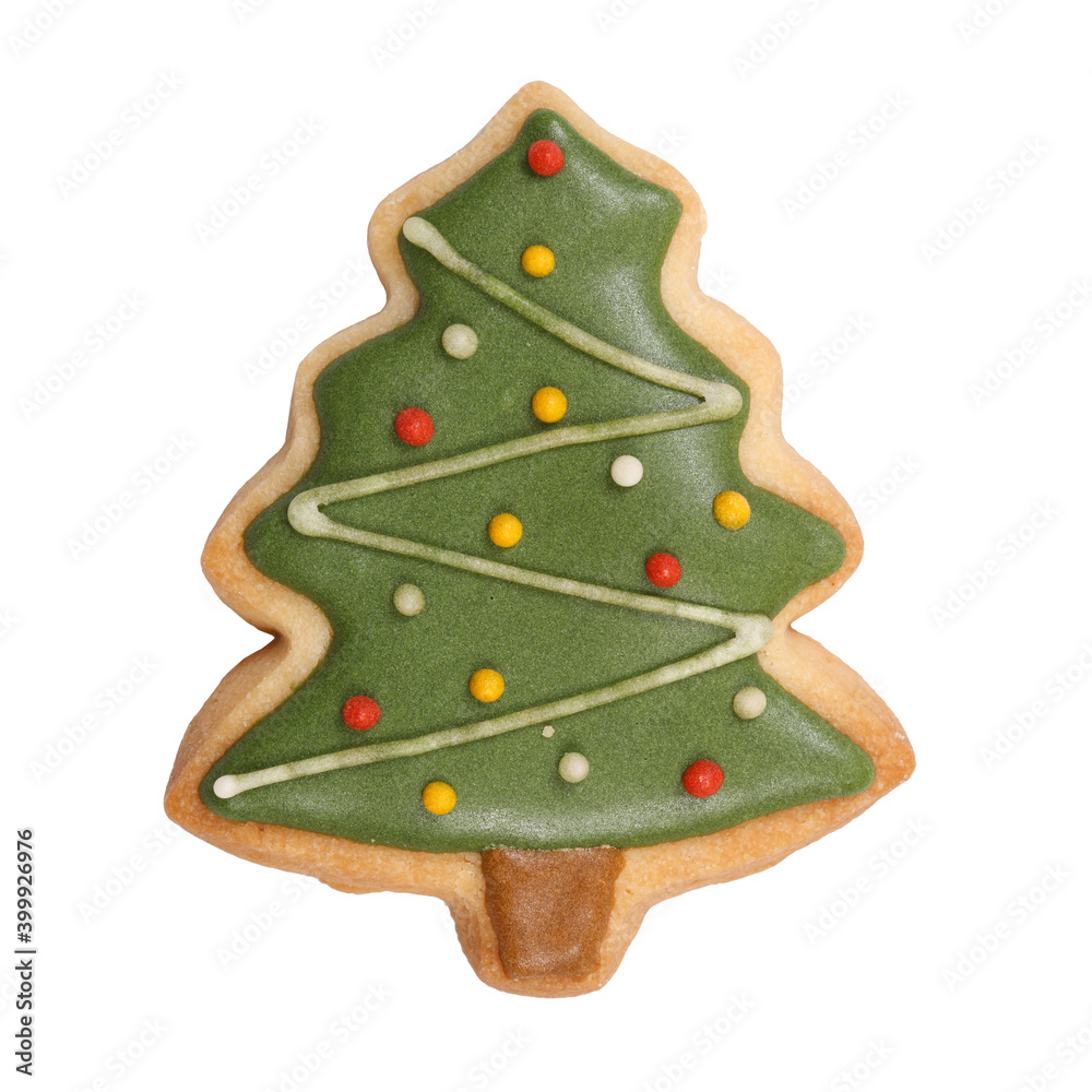 Sugar Frost Cookie in Christmas Collection. Christmas Tree Cookie Isolated on White Background.