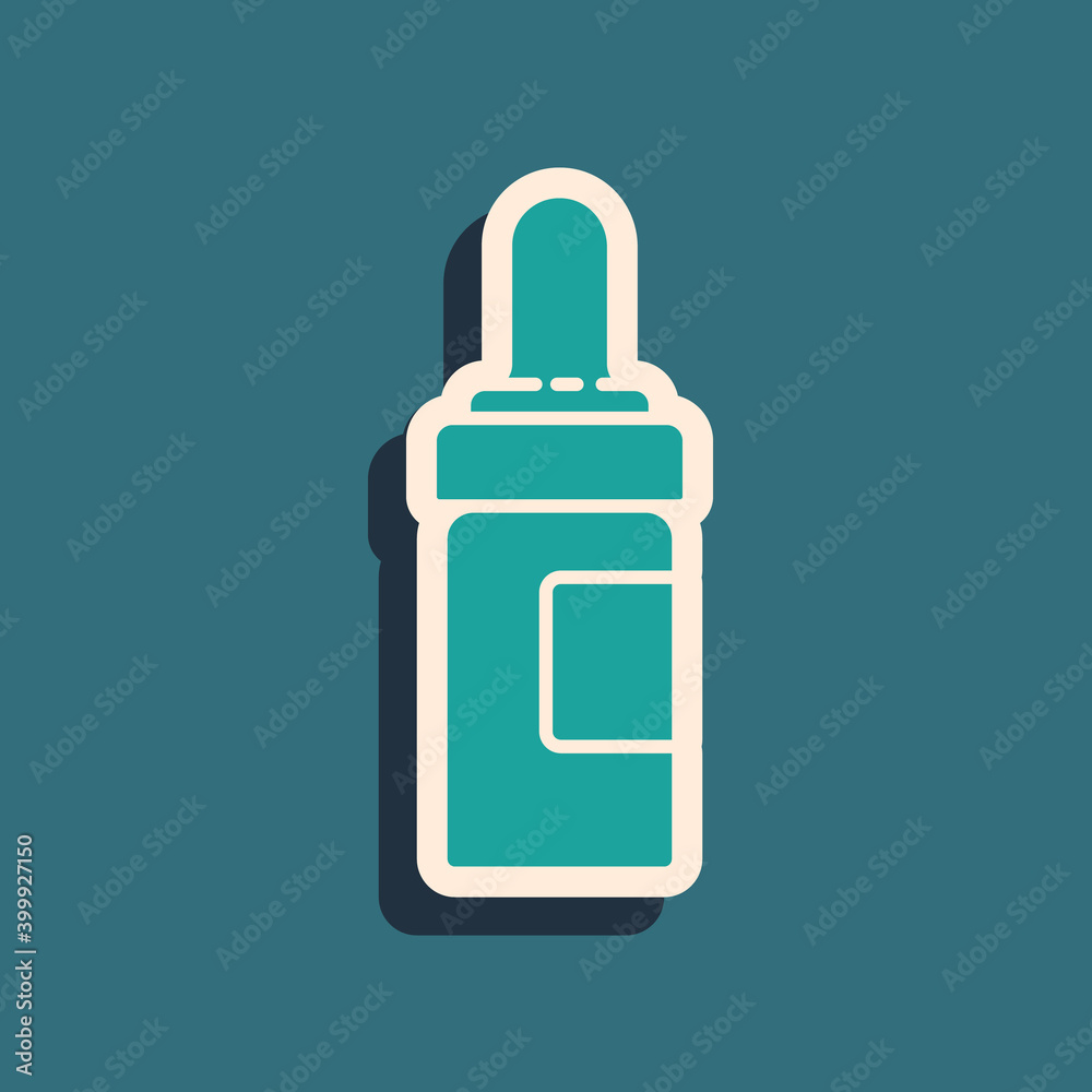 Green Beard and mustaches care oil bottle icon isolated on green background. Glass bottle with pipette. Long shadow style. Vector Illustration. Green Beard and mustaches care oil bottle icon isolated on green background. Glass bottle with pipette. Long shadow style. Vector Illustration.