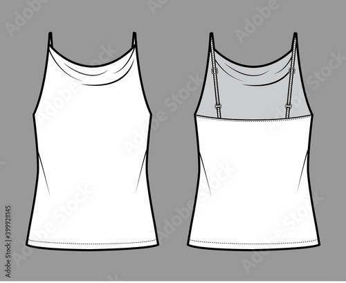 Tank high cowl Camisole technical fashion illustration with thin adjustable straps, oversized, tunic length. Flat apparel outwear top template front, back, white color. Women men unisex CAD mockup