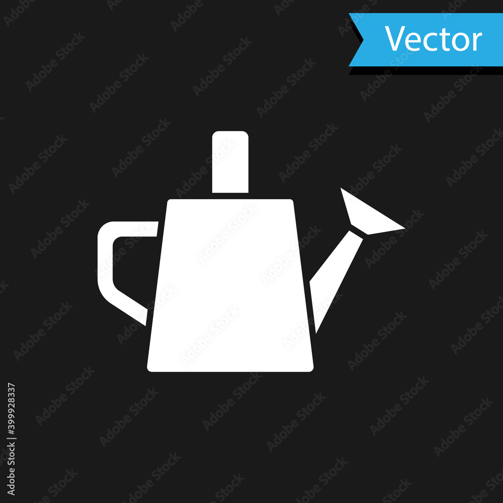 White Watering can icon isolated on black background. Irrigation symbol. Vector.