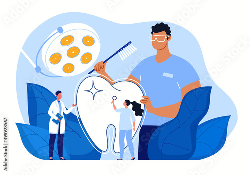Dentist examination. Dentistry and healthcare concept - clean and neat teeth. White healthy teeth, professional dental care. Vector flat cartoon illustration.