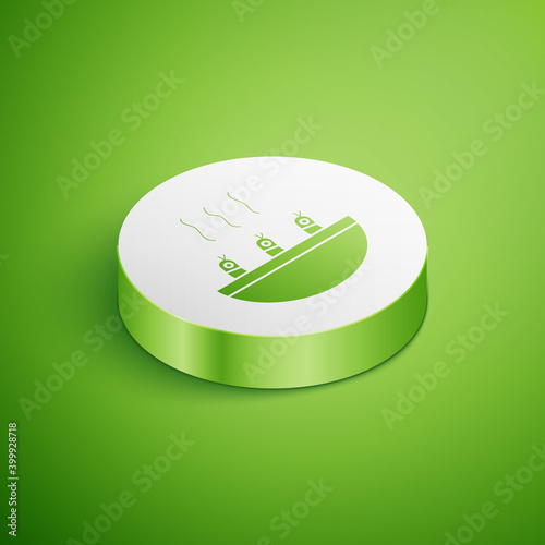 Isometric Soup with shrimps icon isolated on green background. Tom yum kung soup. White circle button. Vector..