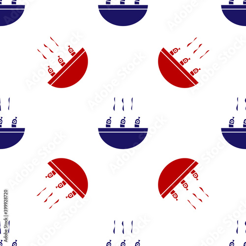 Blue and red Soup with shrimps icon isolated seamless pattern on white background. Tom yum kung soup. Vector..