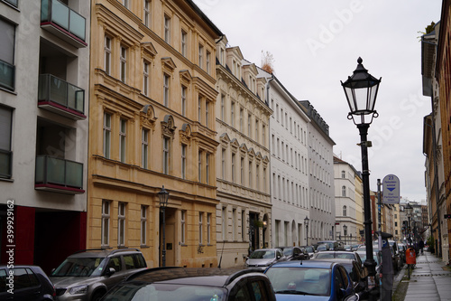 Modern european street with lantern in autumn day