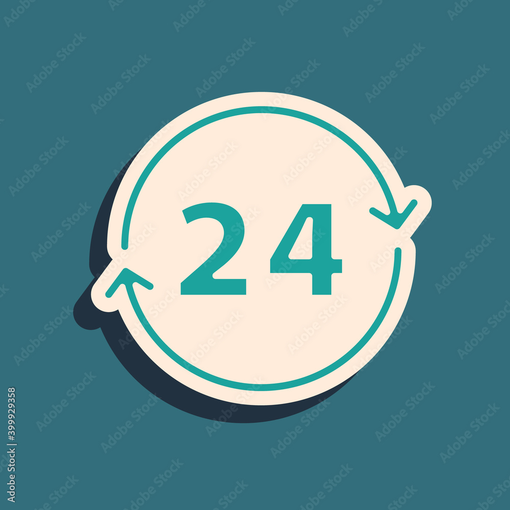 Green Clock 24 hours icon isolated on green background. All day cyclic icon. 24 hours service symbol. Long shadow style. Vector. Green Clock 24 hours icon isolated on green background. All day cyclic icon. 24 hours service symbol. Long shadow style. Vector.
