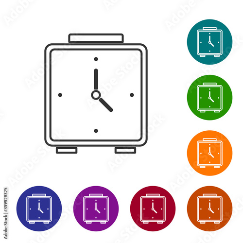 Black line Alarm clock icon isolated on white background. Wake up, get up concept. Time sign. Set icons in color circle buttons. Vector.