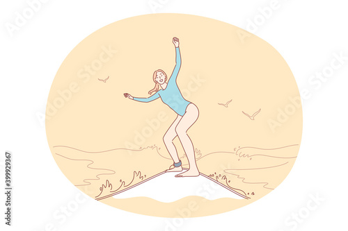 Summer, vacation, relax concept. Smiling woman enjoying water surfing enjoying seaside recreation watching seascape during vacations. Holiday rest and summertime sunbathing on sand