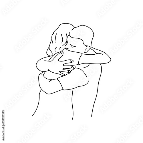 Hugs of a man and a woman, an outline drawing about feelings and support, two people embrancing photo