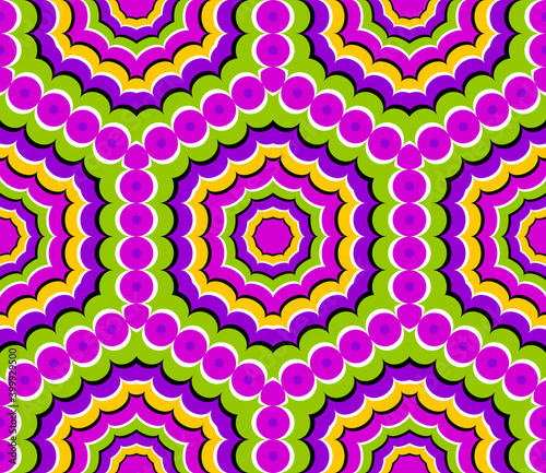 Colorful wrapping paper with hexagons. Motion illusion. Seamless pattern.